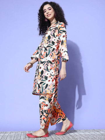 Pink Floral Printed Shirt Collar Straight Kurta Paired With Tonal Bottom