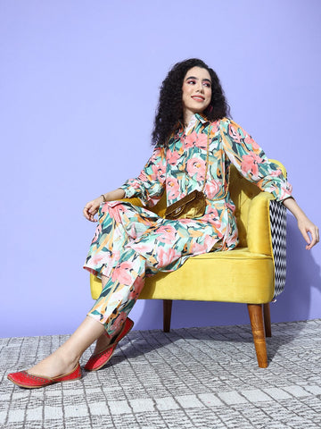 Peach Floral Printed Shirt Collar Straight Kurta Paired With Tonal Bottom