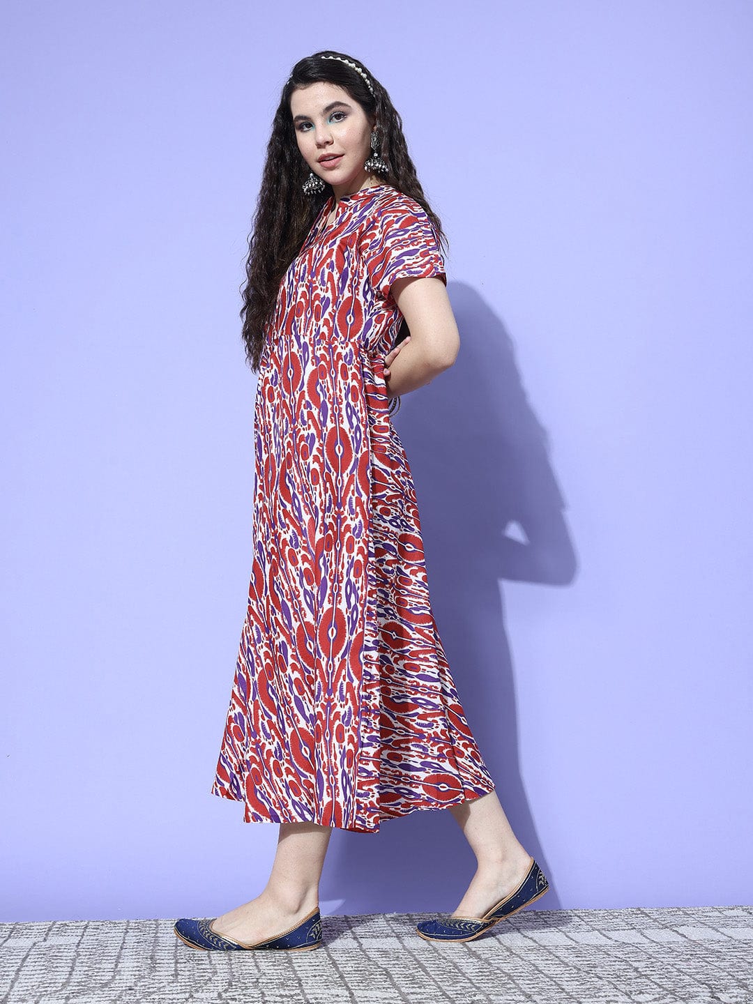 White And Red Abstract Printed Kimono Sleeves A-Line Dress