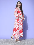 Peach Floral Printed V-Neck Straight Kurta With Tessels Hem Paired With Tonal Solid Bottom