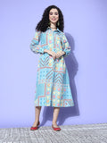 Blue Abstract Printed Shirt Collar A Line Dress With Front Slit