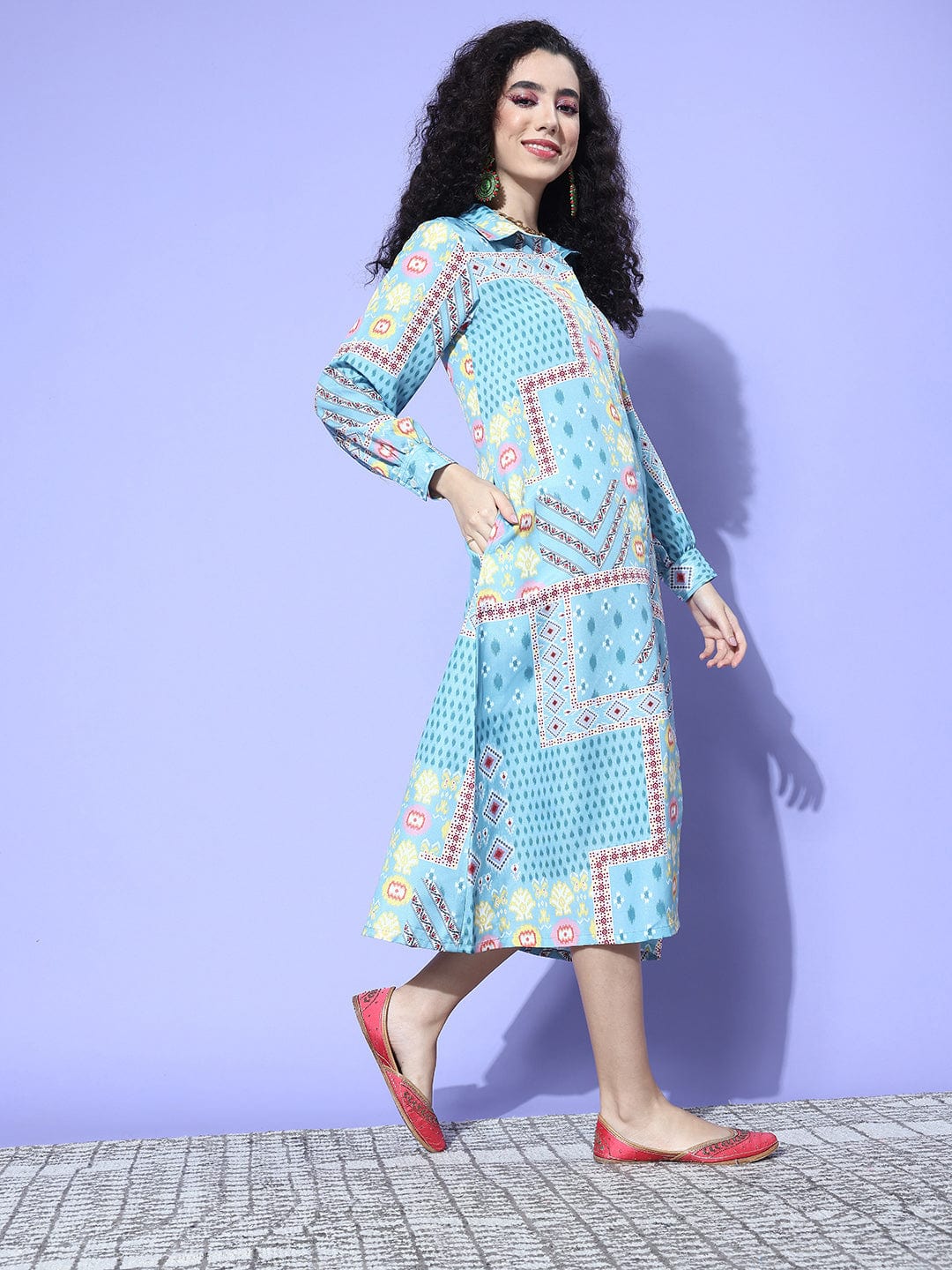 Blue Abstract Printed Shirt Collar A Line Dress With Front Slit