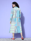 Blue Abstract Printed Shirt Collar A Line Dress With Front Slit