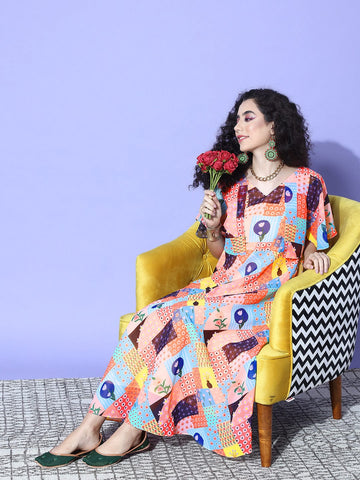 Multi Colour Abstract Printed V-Neck A-Line Dress