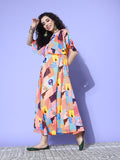 Multi Colour Abstract Printed V-Neck A-Line Dress