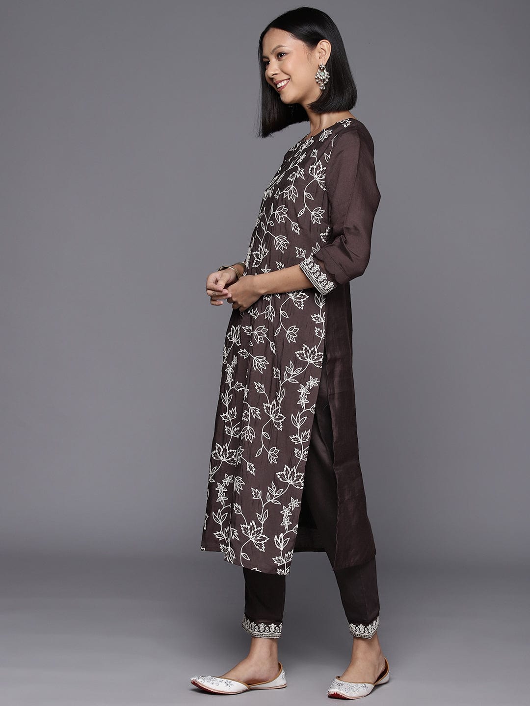 Coffee Brown Embroidered Kurta Paired With Tonal Bottom And Dupatta