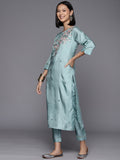 Blue Placement Design Embroidered Kurta Paired With Tonal Solid Bottom And Embroidered Organza Dupatta