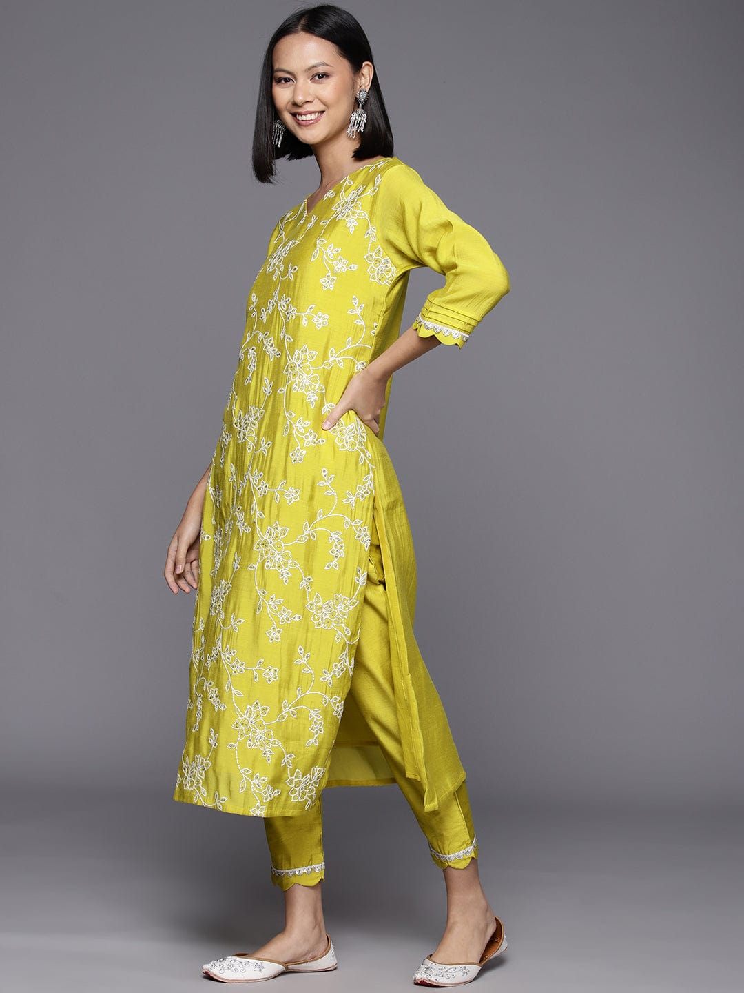 Lime Green Embroidered Kurta Paired With Tonal Bottom And Dupatta