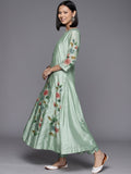 Sea Green Floral Printed Anarkali Kurta Paired With Bottom And Dupatta