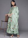 Sea Green Floral Printed Anarkali Kurta Paired With Bottom And Dupatta