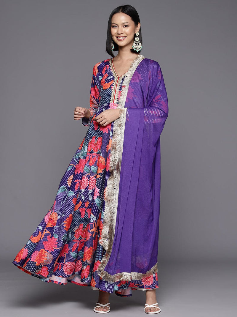 Violet Floral Printed V-Neck, Anarkali Kurta Paired With Tonal Chiffon Dupatta