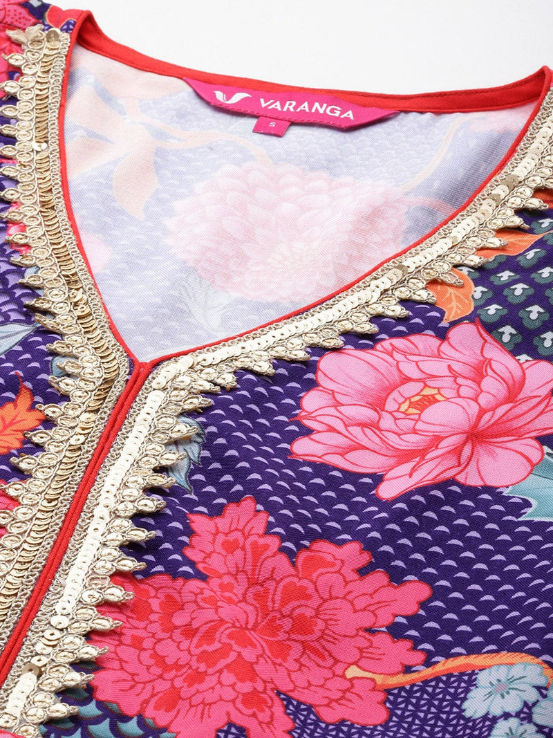Violet Floral Printed V-Neck, Anarkali Kurta Paired With Tonal Chiffon Dupatta