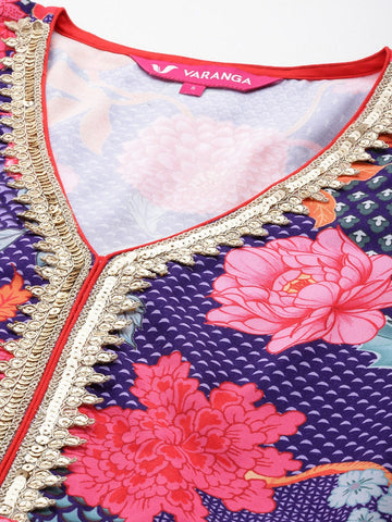 Violet Floral Printed V-Neck, Anarkali Kurta Paired With Tonal Chiffon Dupatta
