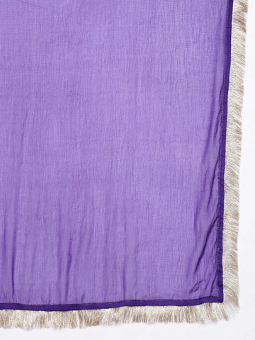 Violet Floral Printed V-Neck, Anarkali Kurta Paired With Tonal Chiffon Dupatta