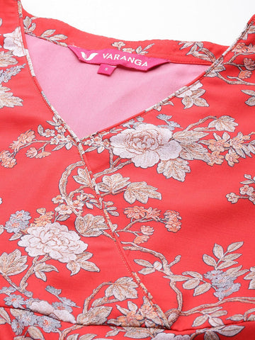 Red Floral Printed Angrakha Style Anarkali Kurta Paired With Chiffon Solid Dupatta