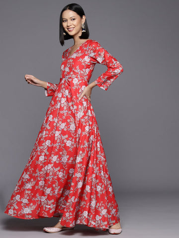 Red Floral Printed Angrakha Style Anarkali Kurta Paired With Chiffon Solid Dupatta
