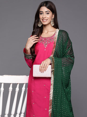 Pink Placement Design Embroidered Straight Kurta Paired With Contrast Bottom And Chiffon Dotted Dupatta With Four Side Fringes