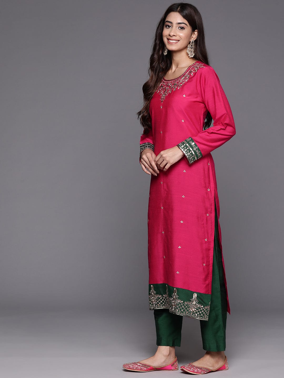 Pink Placement Design Embroidered Straight Kurta Paired With Contrast Bottom And Chiffon Dotted Dupatta With Four Side Fringes