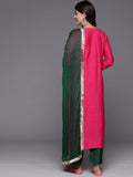 Pink Placement Design Embroidered Straight Kurta Paired With Contrast Bottom And Chiffon Dotted Dupatta With Four Side Fringes