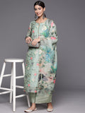 Varanga Women Sea Green Floral Printed Round Neck Straight Kurta With Bottom And Dupatta