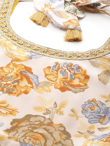 Yellow Floral Printed Anarkali Kurta Paired With Solid Dupatta