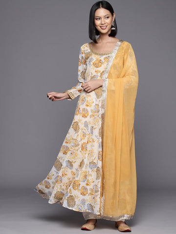 Yellow Floral Printed Anarkali Kurta Paired With Solid Dupatta