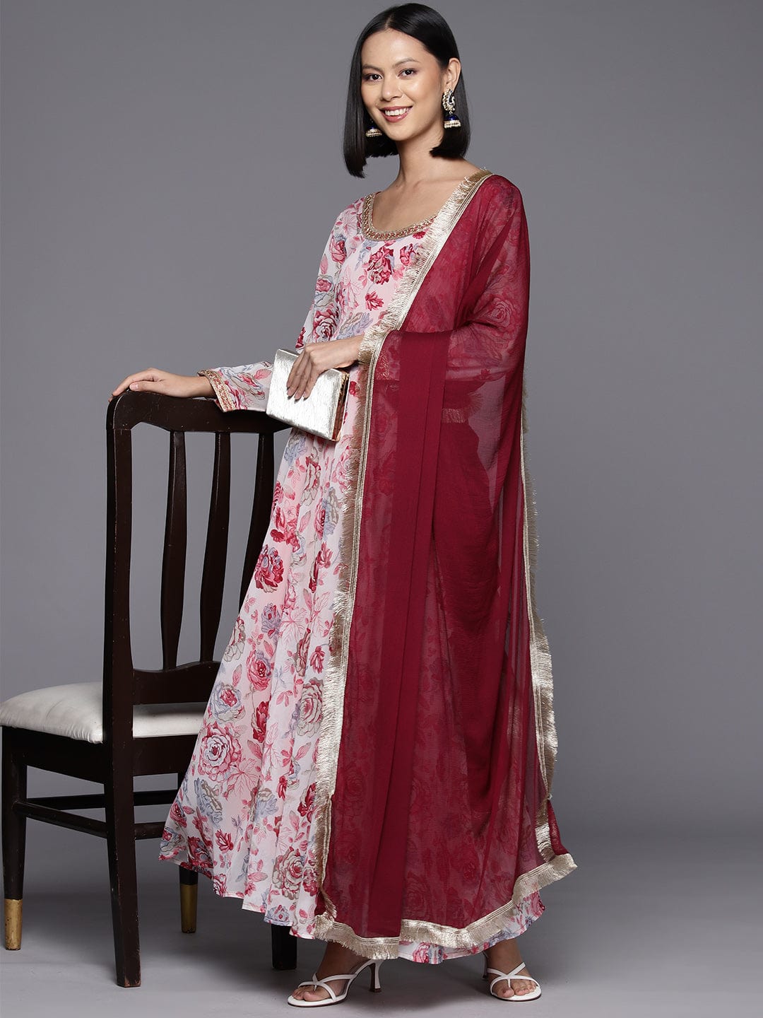 White Floral Printed Anarkali Kurta Paired With Solid Dupatta