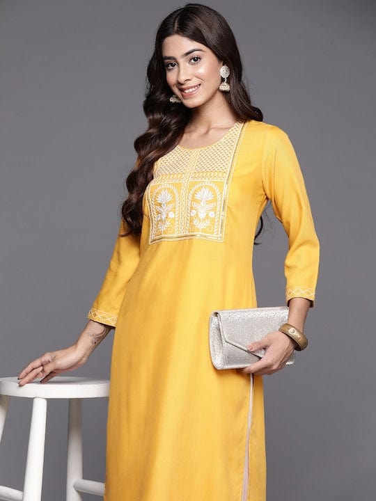 KSUT Women Mustard Round Neck Embroidered Yoke Straight Kurta