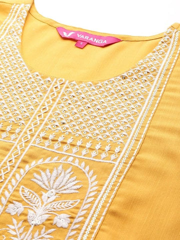 KSUT Women Mustard Round Neck Embroidered Yoke Straight Kurta