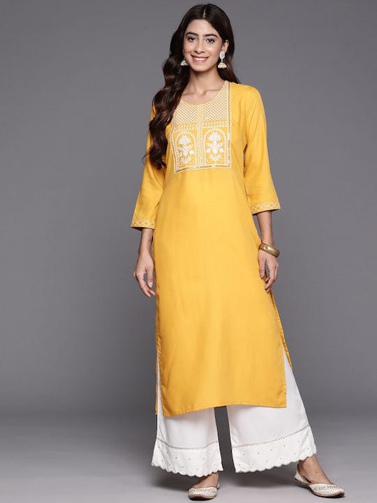 KSUT Women Mustard Round Neck Embroidered Yoke Straight Kurta