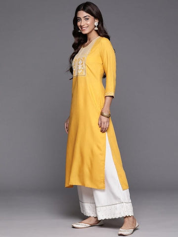 KSUT Women Mustard Round Neck Embroidered Yoke Straight Kurta