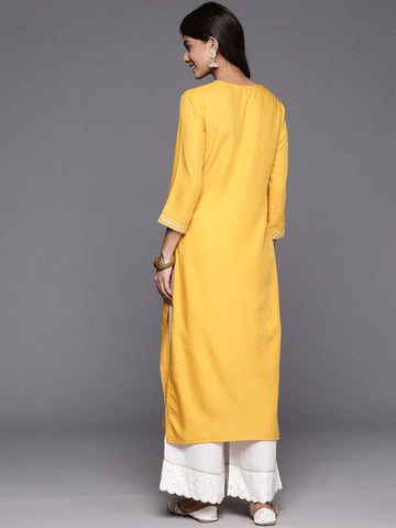 KSUT Women Mustard Round Neck Embroidered Yoke Straight Kurta