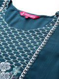 Varanga Women Teal Round Neck Embroidered Yoke Straight Kurta