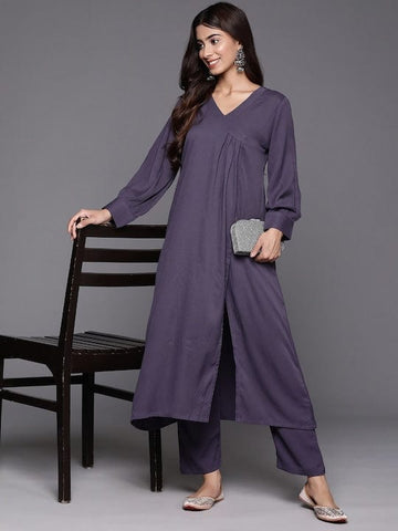 Varanga Women Violet Angrakha Style A-Line Kurta Paired Wth Tonal Bottom