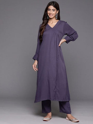 Varanga Women Violet Angrakha Style A-Line Kurta Paired Wth Tonal Bottom