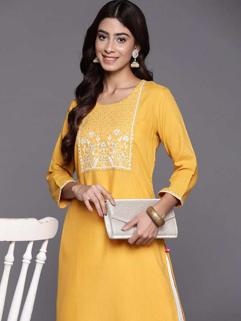 Mustard Round Neck Embroidered Yoke Straight Kurta.