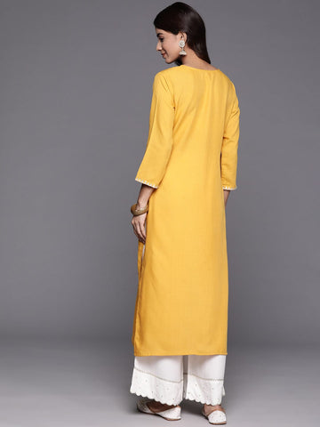 Mustard Round Neck Embroidered Yoke Straight Kurta.