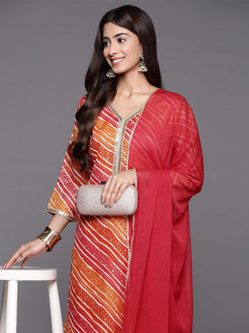 Red & Orange Lehariya Printed Placket Embellished Straight Kurta Paired With Tonal Bottom And Dupatta