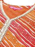 Red & Orange Lehariya Printed Placket Embellished Straight Kurta Paired With Tonal Bottom And Dupatta