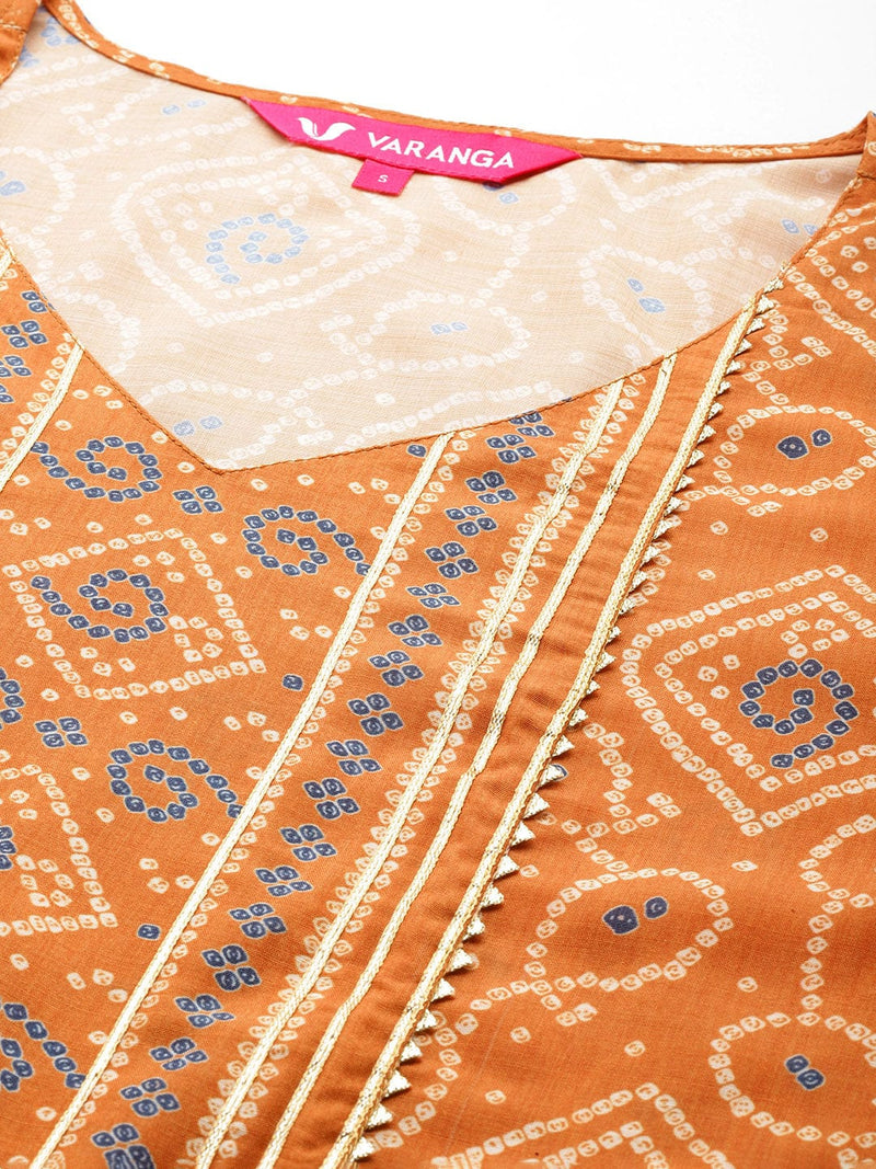 Rust Bandhani Printed Embellished With Gota A-Line Kurta Paired With Tonal Solid Bottom And Tonal Chiffon Dupatta