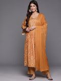 Rust Bandhani Printed Embellished With Gota A-Line Kurta Paired With Tonal Solid Bottom And Tonal Chiffon Dupatta