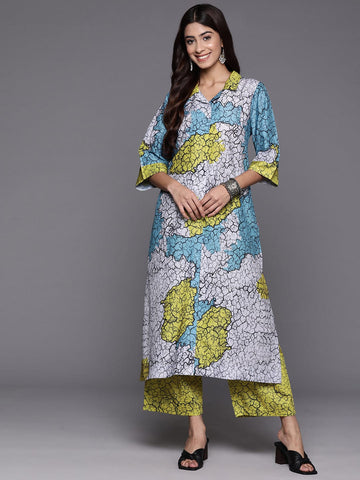 Blue And Green Abstract Printed Shirt Collar, Straight Kurta With Side And Front Slits Paired With Printed Bottom