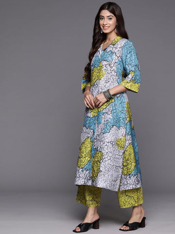 Blue And Green Abstract Printed Shirt Collar, Straight Kurta With Side And Front Slits Paired With Printed Bottom
