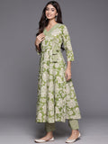 Green Floral Printed Angrakha Style Anarkali Kurta Paired With Printed Bottom.