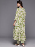 Green Floral Printed Angrakha Style Anarkali Kurta Paired With Printed Bottom.