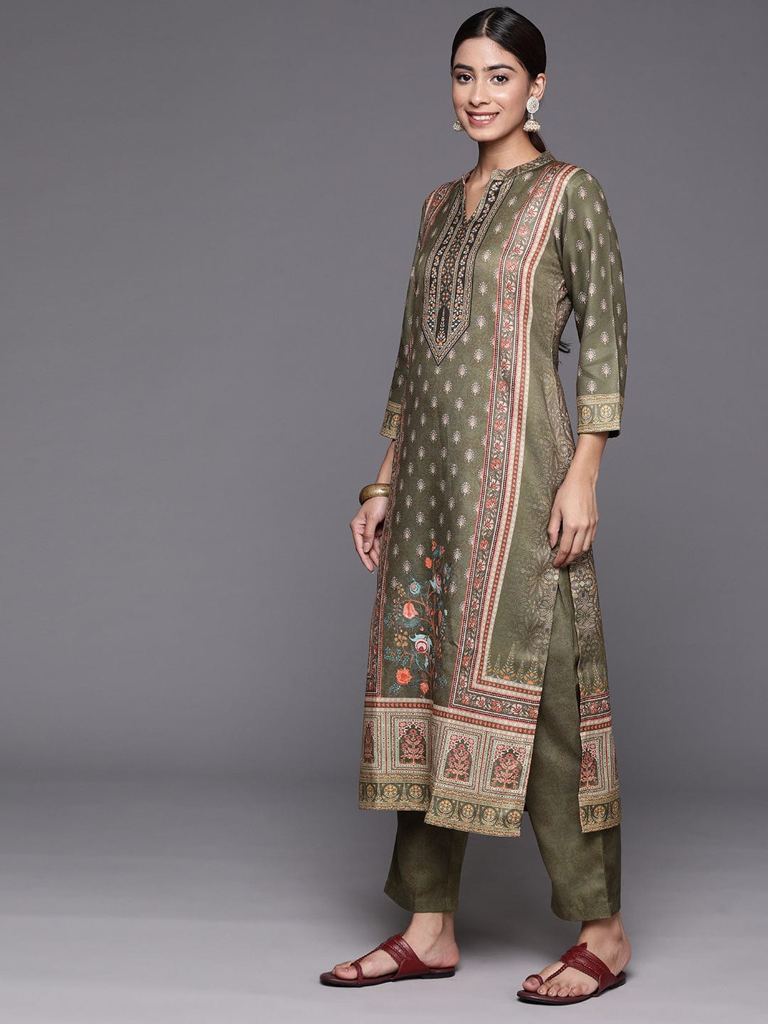 Olive Ethnic Motif Printed Straight Kurta Paired With Tonal Bottom And Dupatta
