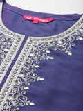 Blue Round Neck Yoke Embroidered, Three Quarter Sleeves Straight Kurta Paired With Tonal Bottom And Dupatta With Four Side Fringes