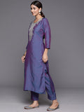 Blue Round Neck Yoke Embroidered, Three Quarter Sleeves Straight Kurta Paired With Tonal Bottom And Dupatta With Four Side Fringes