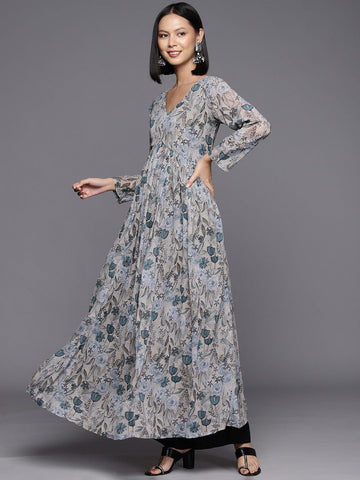 Grey Floral Printed Anarkali Kurta With Full Sleeves Paired With Green Solid Dupatta