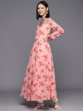 Pink Floral Printed Anarkali Kurta Paired With Solid Dupatta